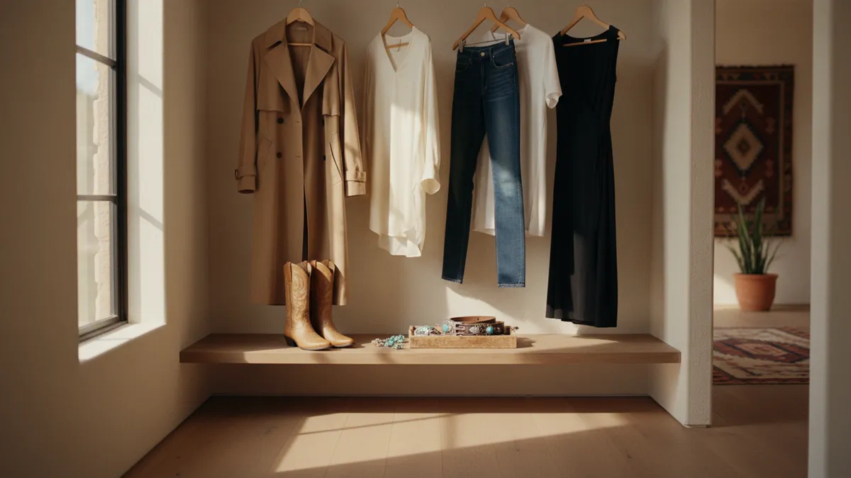 Wardrobe display with a beige trench coat, white blouse, blue jeans, black dress, tan boots, and turquoise jewelry on a tray by a sunlit window.