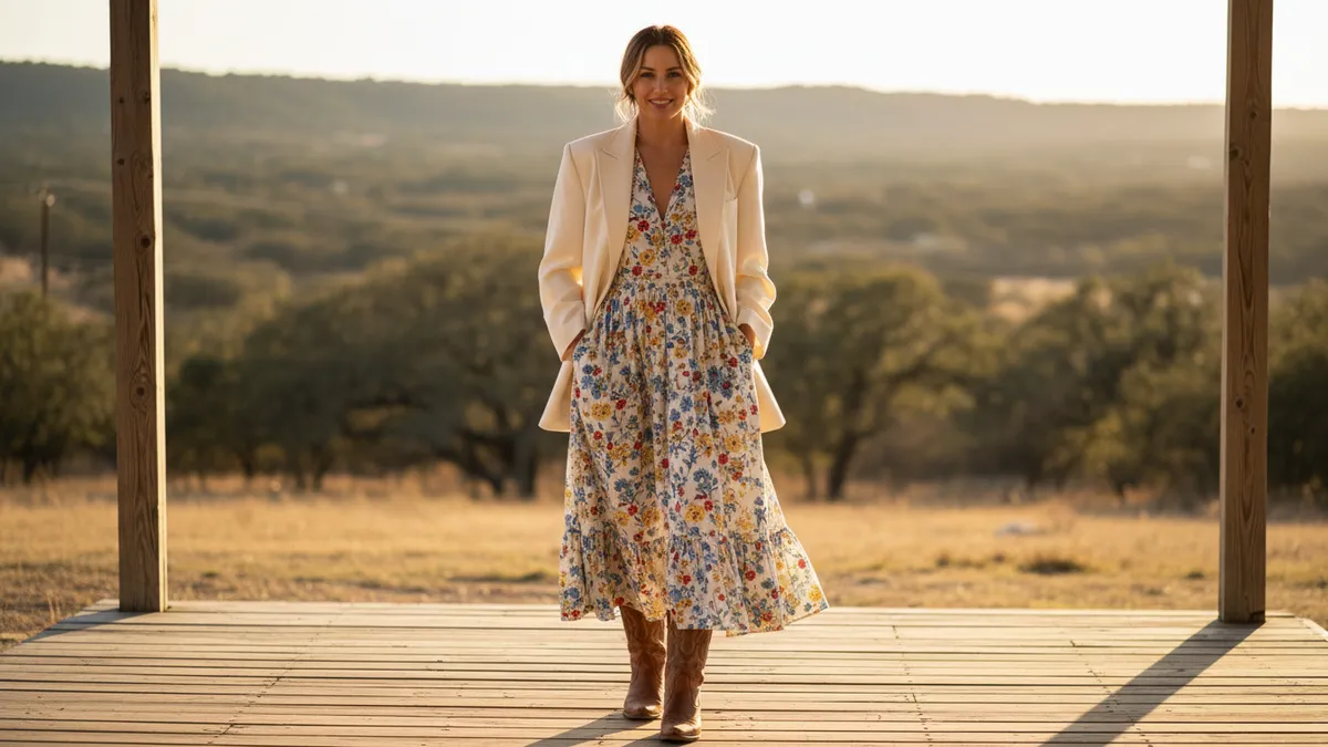 Woman in a floral dress and beige blazer stands on a wooden deck at sunset, hands in pockets.