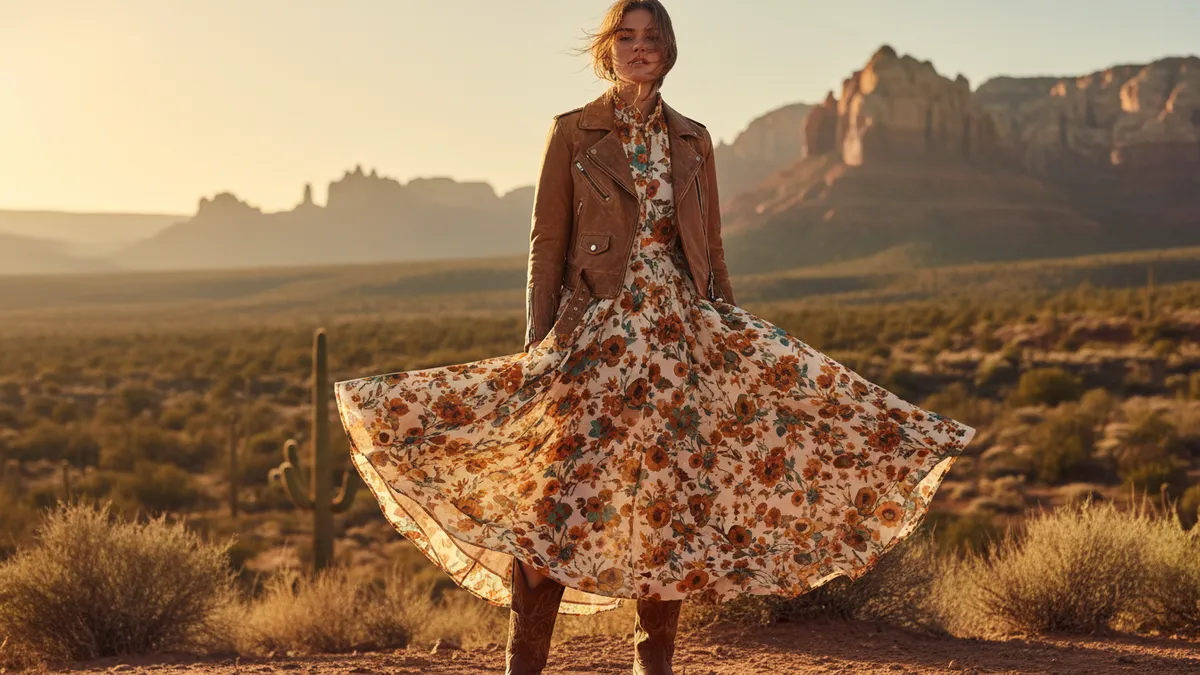 Woman in a flowing floral dress and brown leather jacket spins in a sunlit desert.