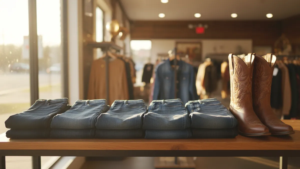 Stacked blue jeans on a wooden table with brown cowboy boots beside them in a clothing store display.