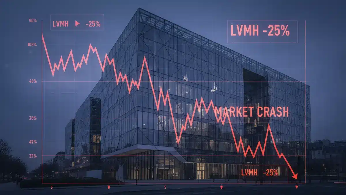LVMH headquarters Paris with stock market decline chart representing Q1 2026 28 percent share drop