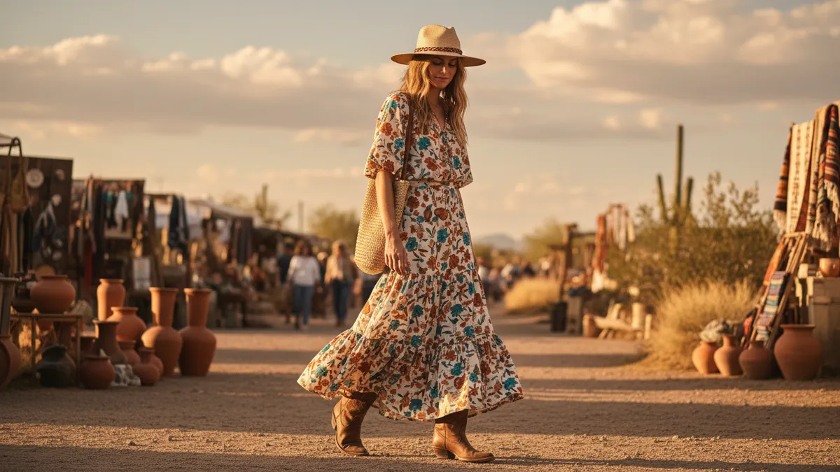 Woman wearing a floral maxi skirt with cowboy boots at an outdoor market, showcasing western boho style