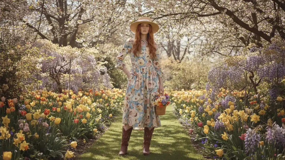 Woman wearing a floral midi dress with cowboy boots in a sunlit spring garden, showcasing midi dress outfit ideas