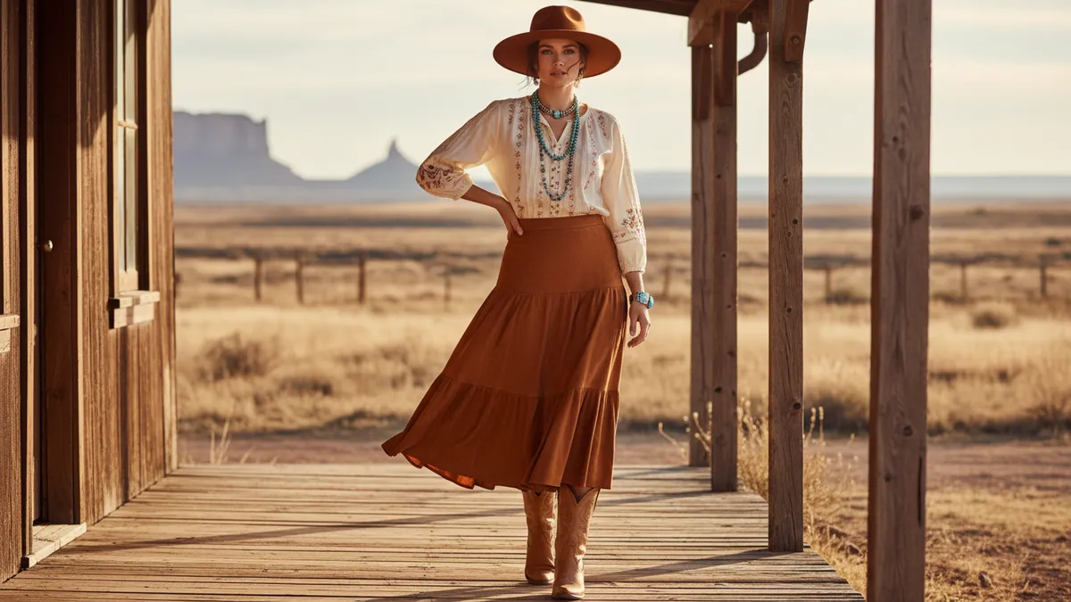 Woman in a wide-brim hat, cream embroidered blouse, turquoise beaded necklaces, and a rust-colored tiered skirt stands on a wooden porch in a desert landscape; boots complete the outfit.