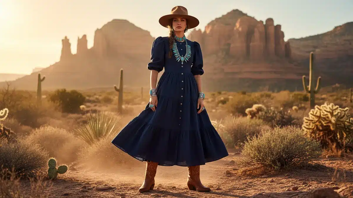 Navy western dress outfit styled with cognac cowboy boots and turquoise jewelry in a southwestern setting