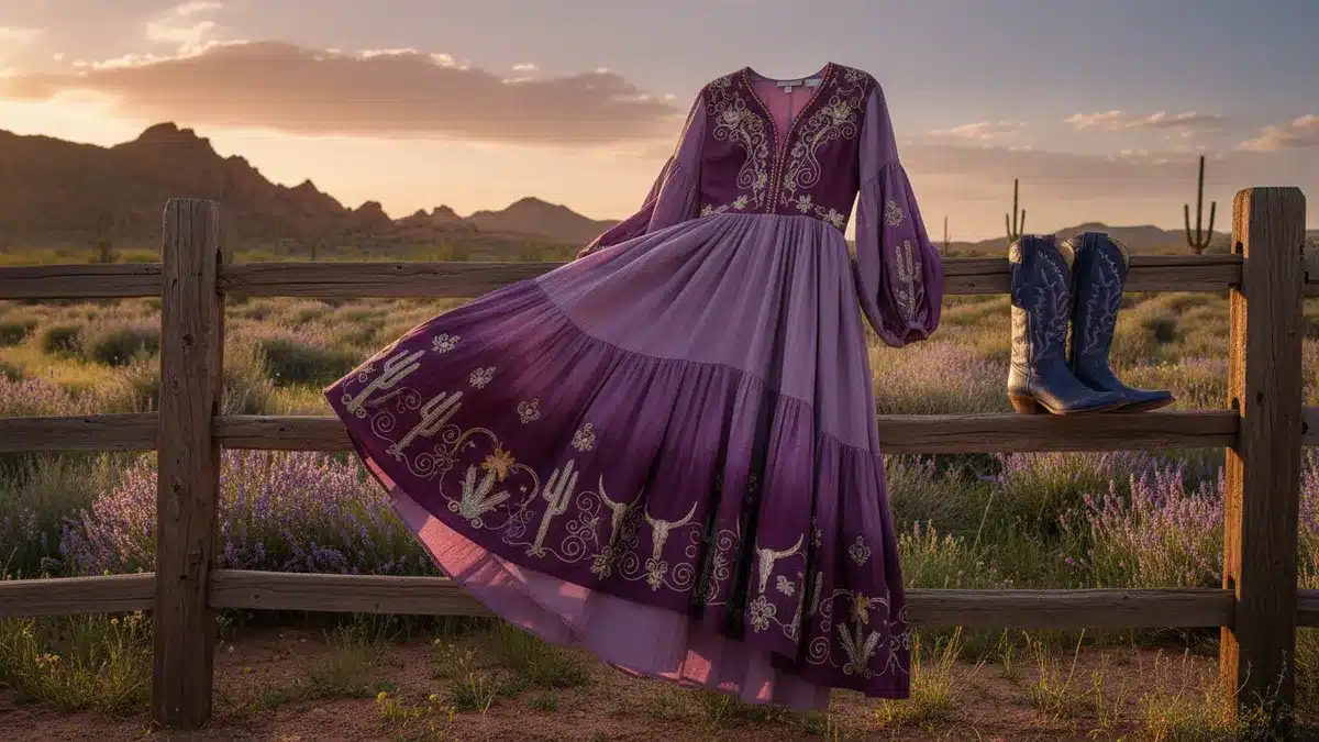 Purple western dress outfits styled with cowboy boots in golden hour sunlight