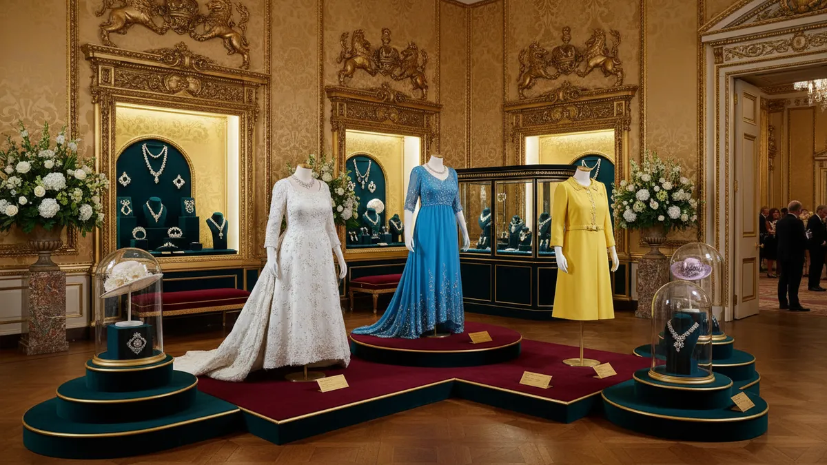Queen Elizabeth II fashion exhibition at Buckingham Palace featuring royal dresses and accessories