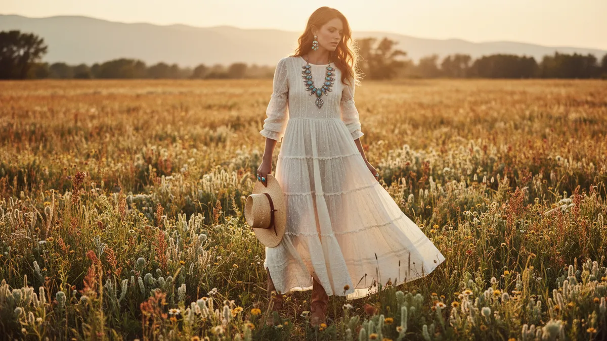 Woman in a flowing white dress walks through a sunlit wildflower field at sunset, holding a straw hat.