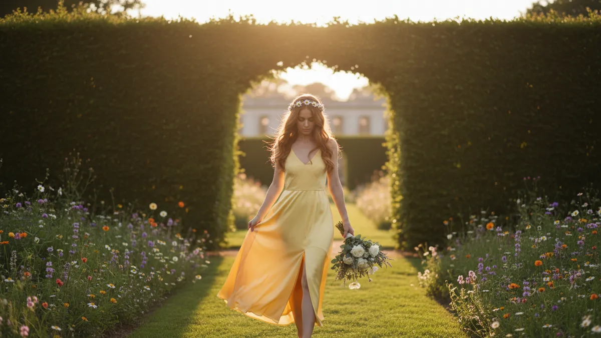 Woman in a pale yellow dress walking down a sunlit garden path, holding a bouquet and wearing a flower crown.