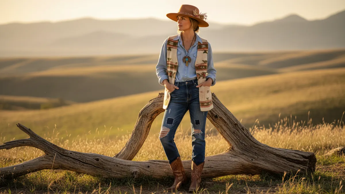 Woman in sustainable western fashion wearing eco-friendly denim and organic cotton shirt