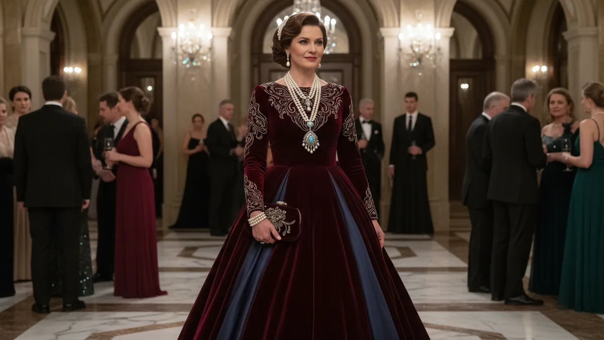 Elegant woman in western formal evening dress with pearl accessories and statement necklace at formal event, sophisticated western style