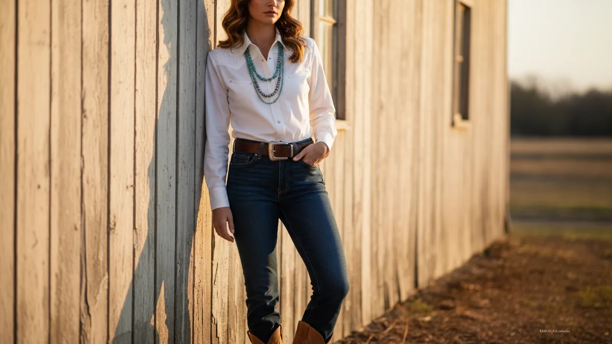 Woman wearing a white button-down shirt, turquoise bead necklace, and jeans leaning against a weathered wooden fence at sunset.