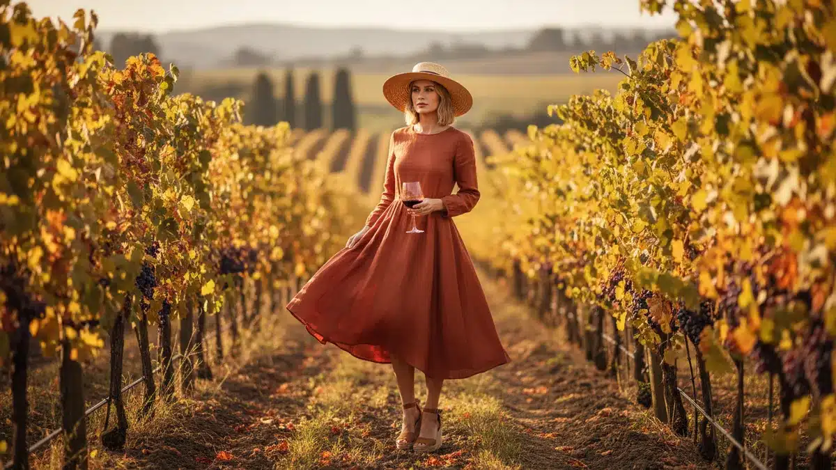 Woman in a rust-colored dress and wide-brim hat stands between grapevines at sunset, holding a wine glass.