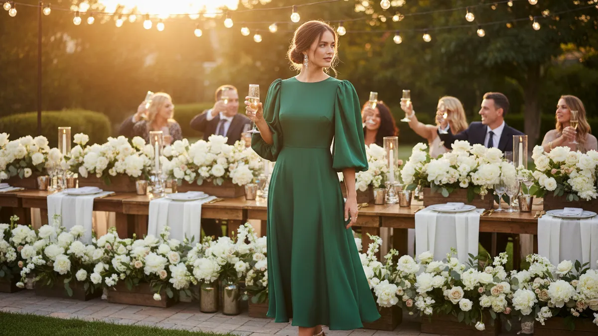Woman in a green dress toasts with a champagne flute at an outdoor wedding reception under string lights.