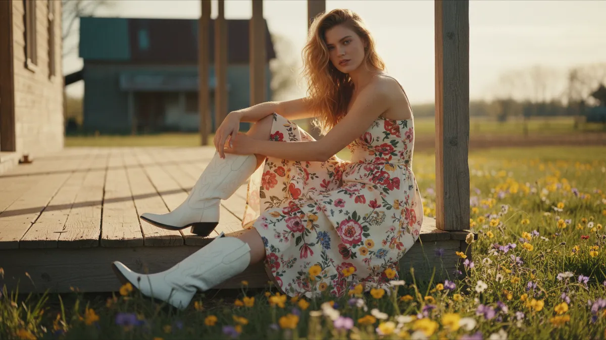 Woman in a floral sundress and white boots sits on a wooden porch, with a sunlit field of wildflowers nearby.",