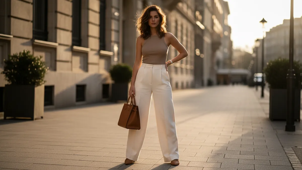 Woman standing on a city street at sunset, wearing a beige sleeveless top, white wide-leg pants, and carrying a brown handbag.