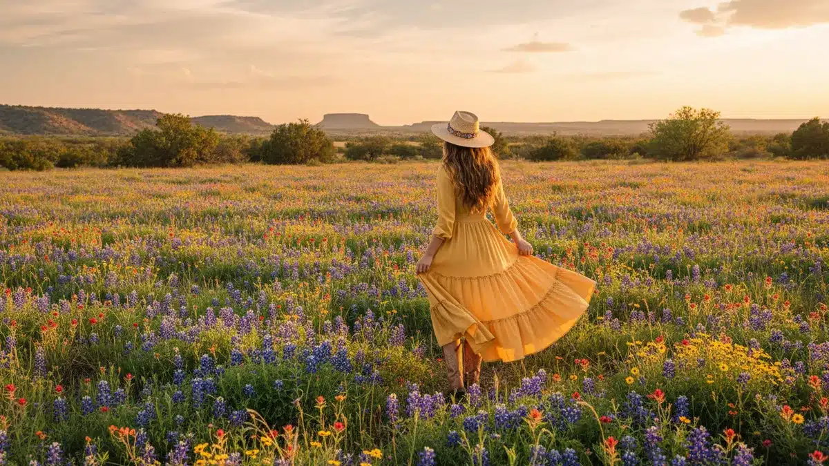 Woman in a butter yellow western prairie dress with tiered skirt and tan cowboy boots standing in a Texas wildflower meadow at golden hour