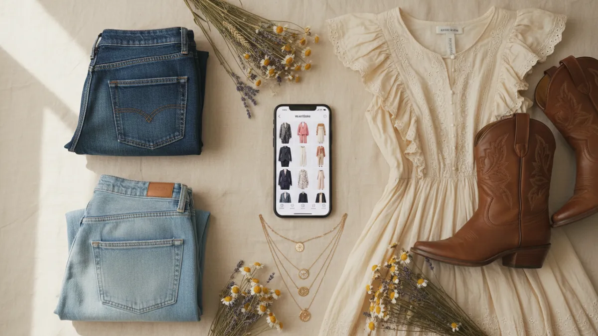 Flat lay of women's outfit: blue jeans, cream ruffled dress, brown ankle boots, gold layered necklaces, and a smartphone displaying a clothing app.