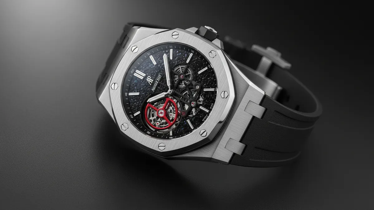 Audemars Piguet x Ambush Royal Oak Concept Flying Tourbillon 2026 in matte titanium with red tourbillon cage at 6 o'clock