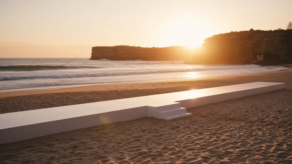 Empty fashion runway staged on Tamarama Beach at Australian Fashion Week 2026, with ocean and sandstone cliffs in the background