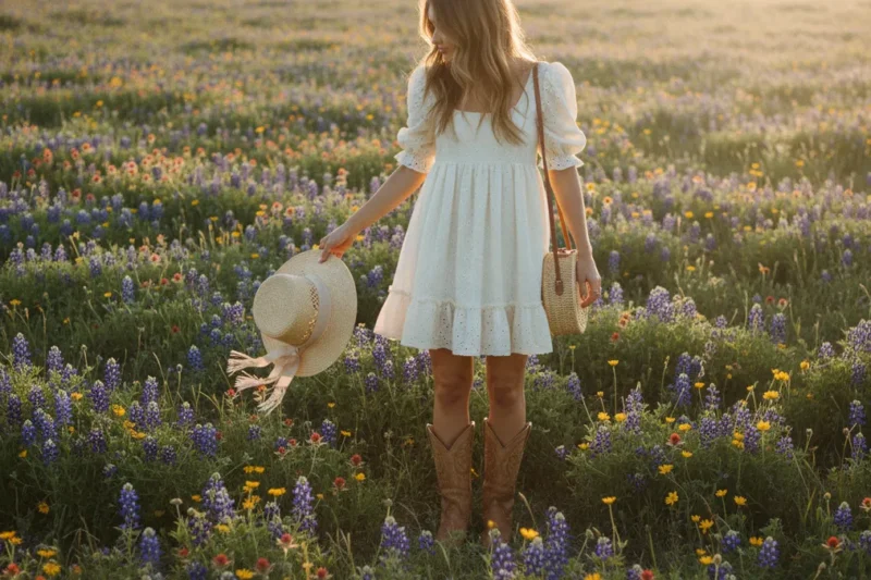 Girl in a white dress stands in a sunlit field of purple and yellow wildflowers, holding a straw hat and a woven basket at her side.
