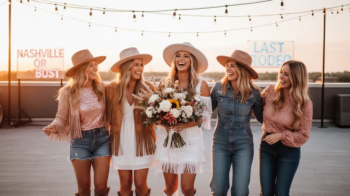 Five women in cowboy hats and fringe outfits stand on a rooftop at sunset, with the center woman holding a bouquet and all smiling under string lights.