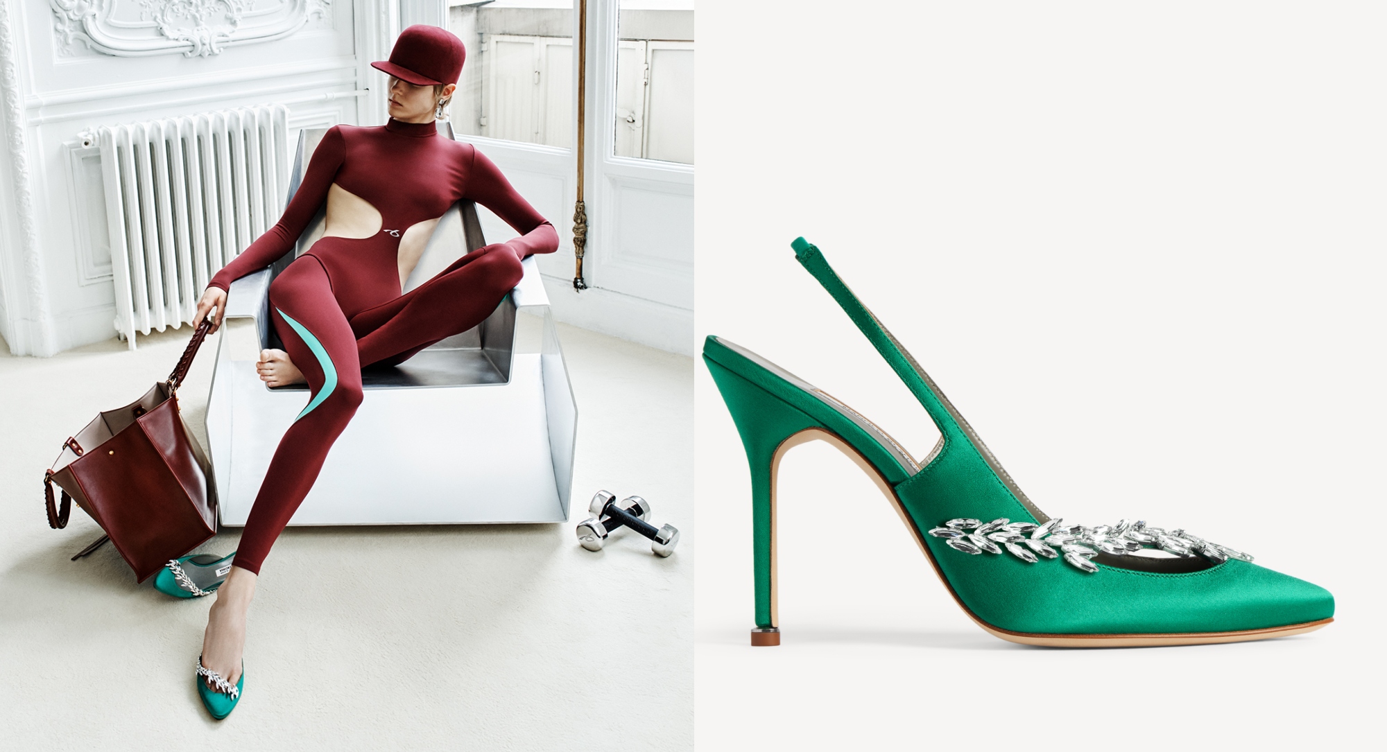 Balenciaga x Manolo Blahnik crystal-embellished satin slingback heels from the May 2026 collaboration