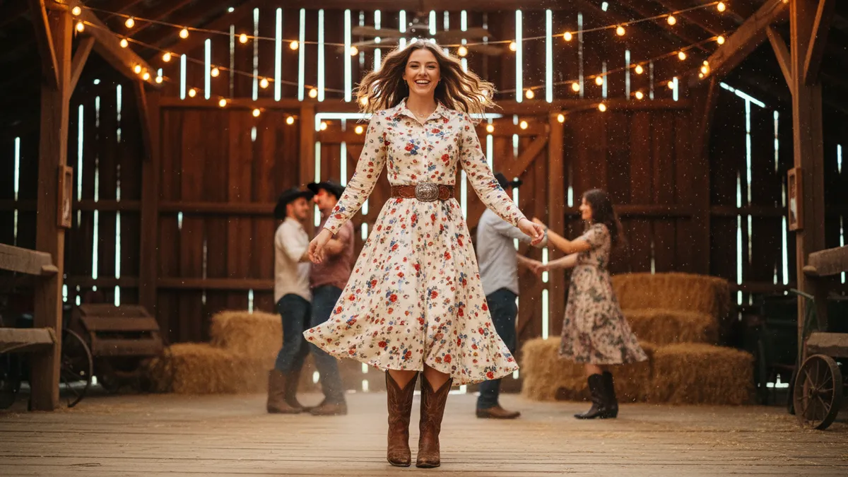 Woman in a floral dress and brown boots twirls in a rustic barn with string lights as others dance in the background, conveying a warm, festive atmosphere.