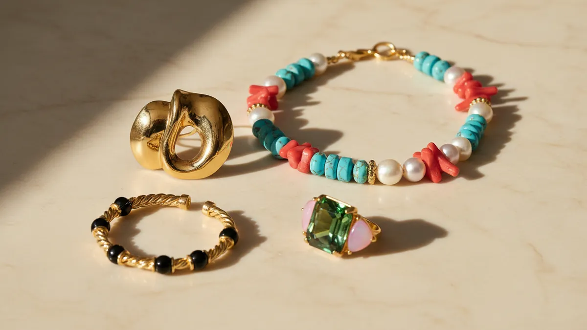 Bold summer 2026 jewelry trends flat-lay featuring chunky gold statement earrings, colorful beaded necklace, gemstone cocktail ring and twisted gold bracelet on cream marble