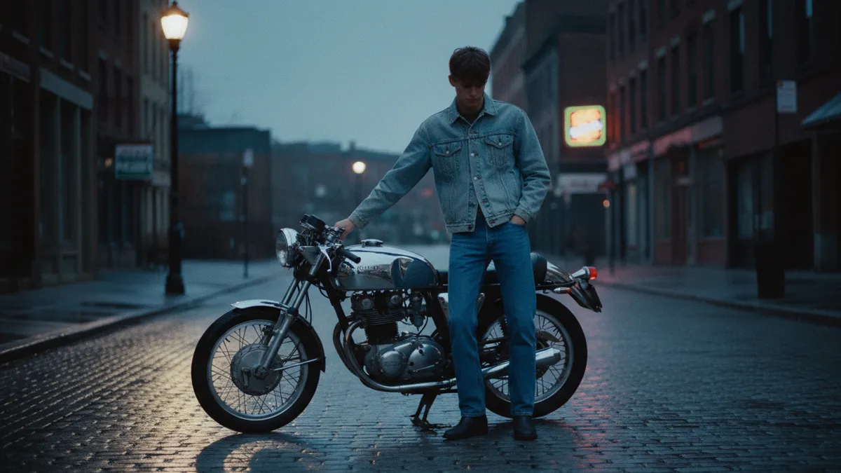 Model in washed 90s denim trucker jacket and straight jeans beside a vintage motorcycle in a cinematic Calvin Klein CKJK campaign-style scene