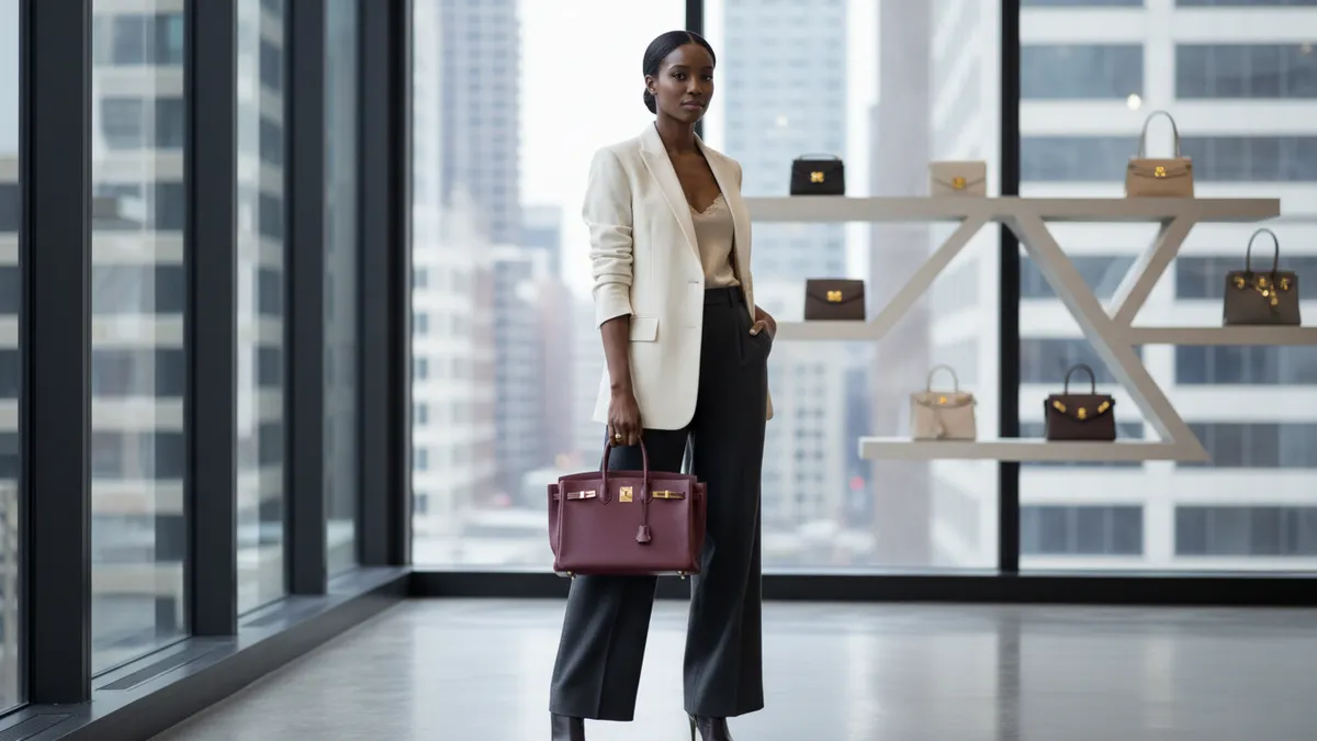Luxury Hermès Birkin handbag held in a modern New York showroom, evoking the Fashionphile Get Your Bag 2026 campaign with Cardi B as global brand ambassador.