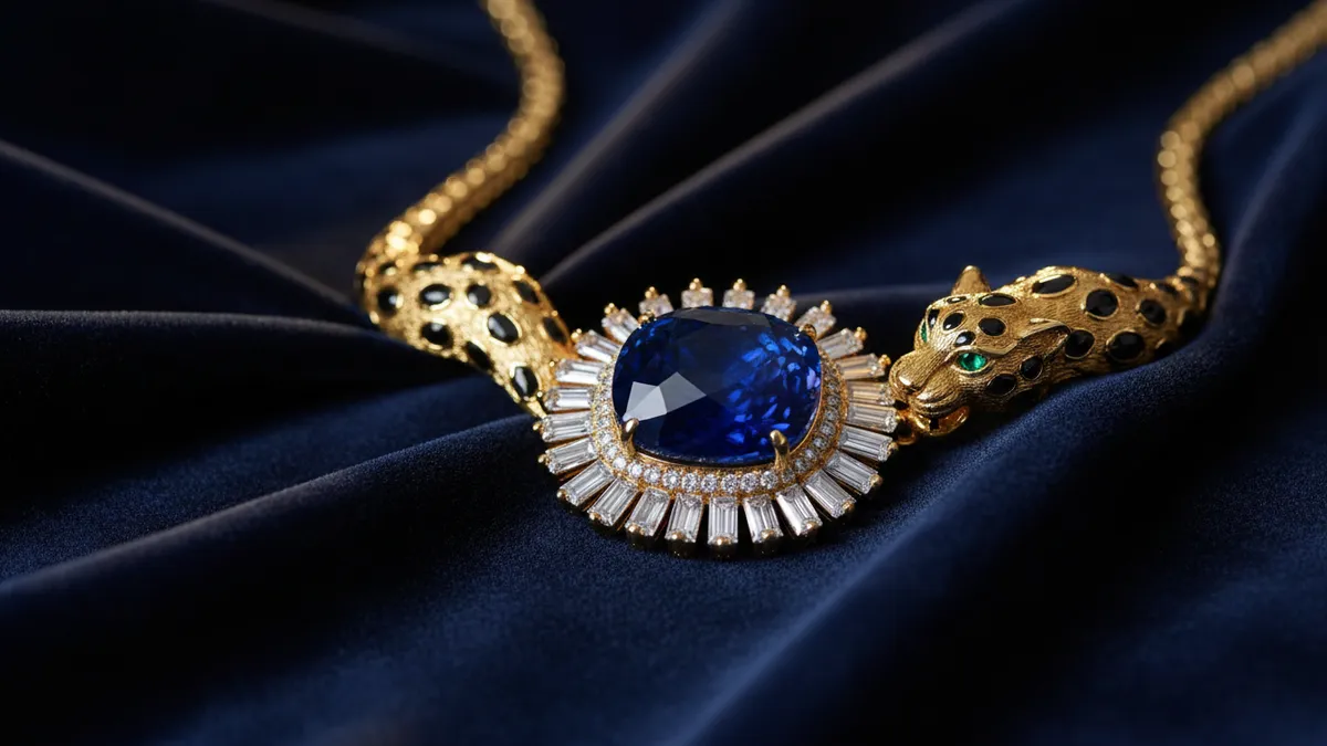 Cartier Le Choeur des Pierres high jewelry 2026 necklace featuring a large Ceylon sapphire and diamond panther motif on dark velvet