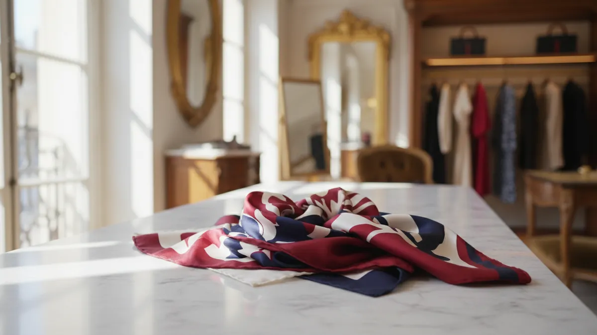 Stack of printed silk scarves on marble counter referencing Celine's 2026 accessories revival under Michael Rider