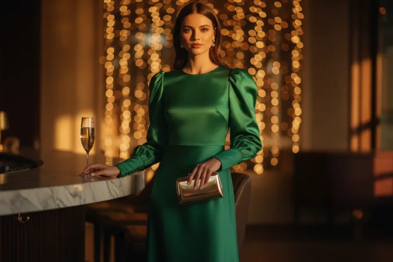 Woman in an emerald satin midi dress with statement sleeves holding a gold clutch at an upscale cocktail lounge — chic cocktail party outfit for women