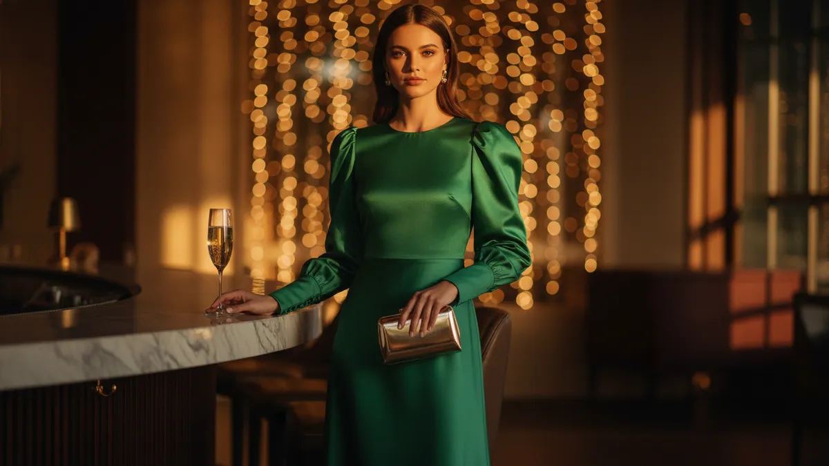 Woman in an emerald satin midi dress with statement sleeves holding a gold clutch at an upscale cocktail lounge — chic cocktail party outfit for women