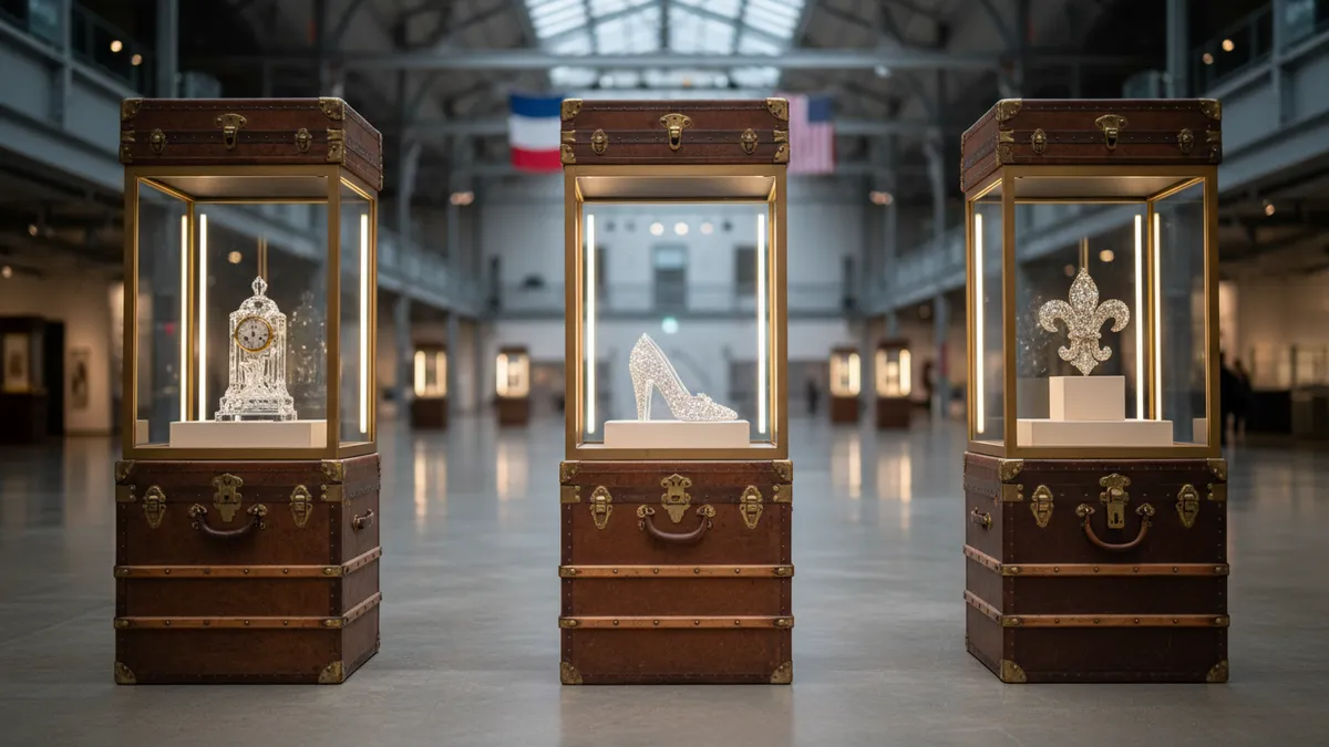 Comité Colbert Hidden Treasures exhibition at The Shed Hudson Yards showcasing French luxury maisons and iconic artifacts in expedition trunk displays