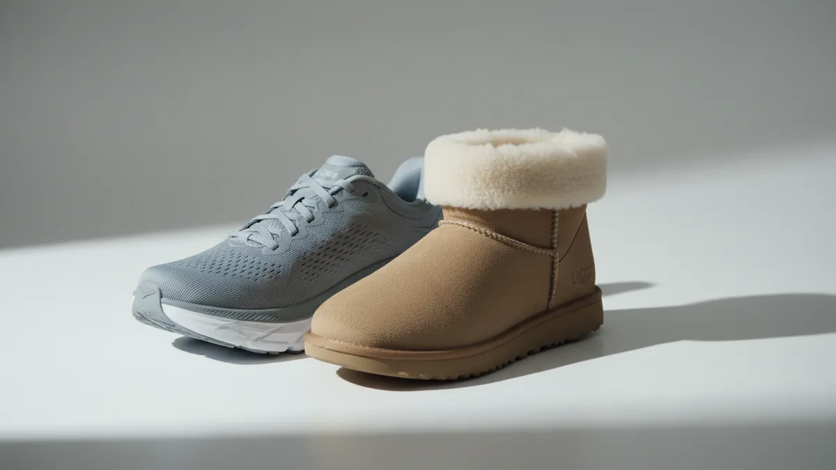 Hoka running shoe and UGG boot displayed side by side representing Deckers Brands FY2026 record earnings