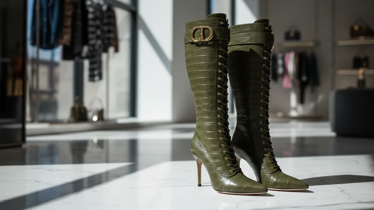Olive green Dior by John Galliano Fall 2000 crocodile-embossed knee-high lace-up boots worn by Dua Lipa at Selfridges London May 2026