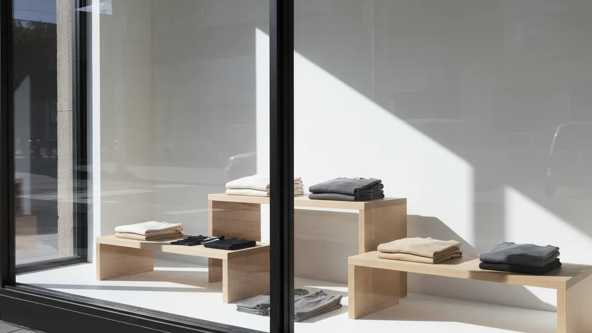 Minimalist DTC fashion storefront display with folded neutral-tone basics representing Everlane brand aesthetic