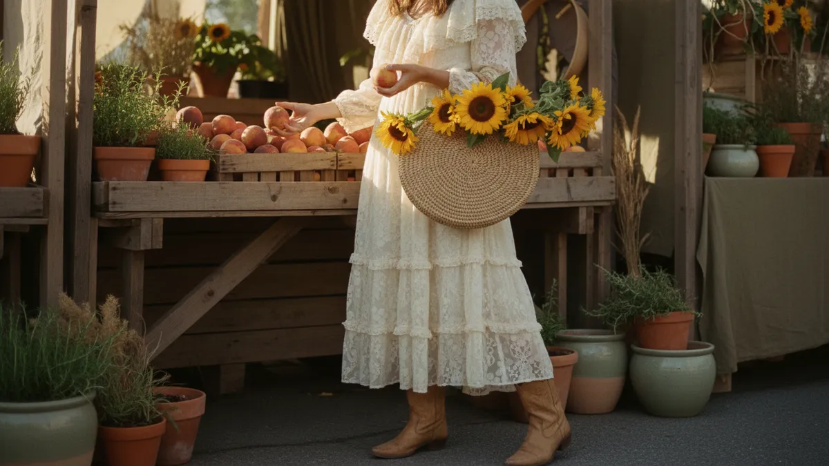Person in a white lace dress and tan boots stands at a rustic market stall, holding a round straw basket filled with sunflowers and peaches.