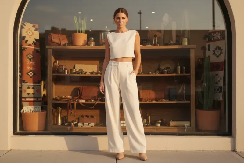 A woman in a white sleeveless crop top and wide-leg white pants stands with hands in pockets in front of a store window filled with bags, pottery, and plants.