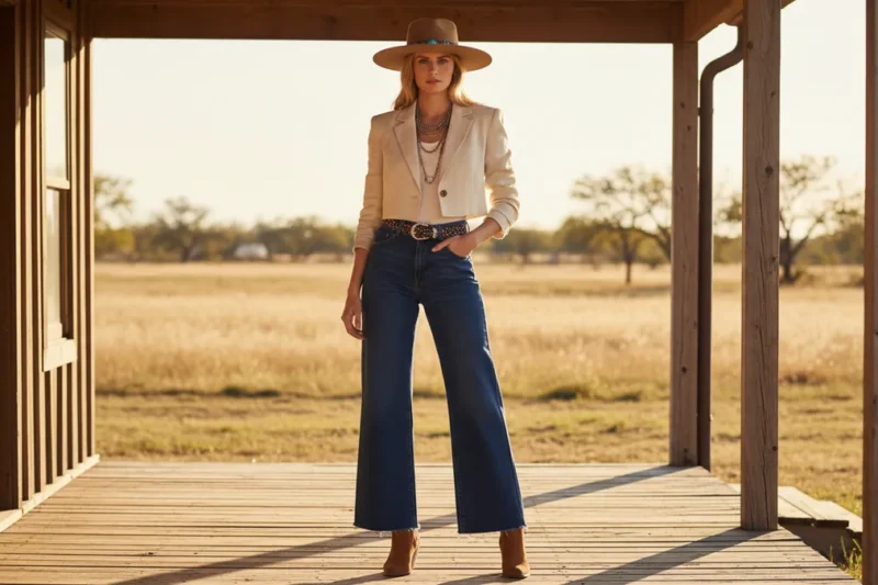 Woman standing on a wooden porch in a desert landscape, wearing a beige blazer, wide-leg jeans, brown boots, belt, and a wide-brim hat with layered necklaces.
