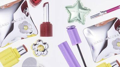 Marc Jacobs Beauty 2026 relaunch product lineup featuring eyeliner, lipstick, mascara, blush stick, and bronzer with daisy, star, and heart charm packaging by Coty