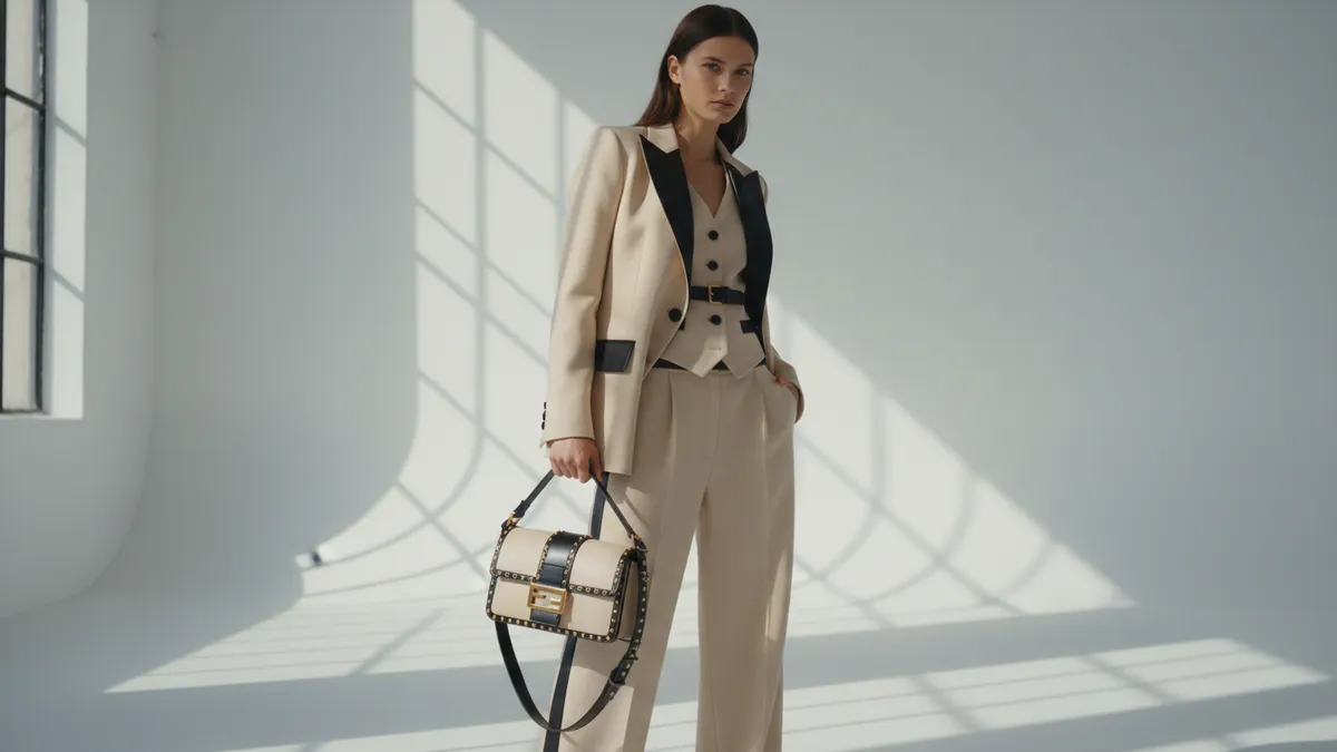 Fendi Cruise 2027 'The New Bourgeoisie' parchment suiting and reissued Baguette bag by Maria Grazia Chiuri in Milan