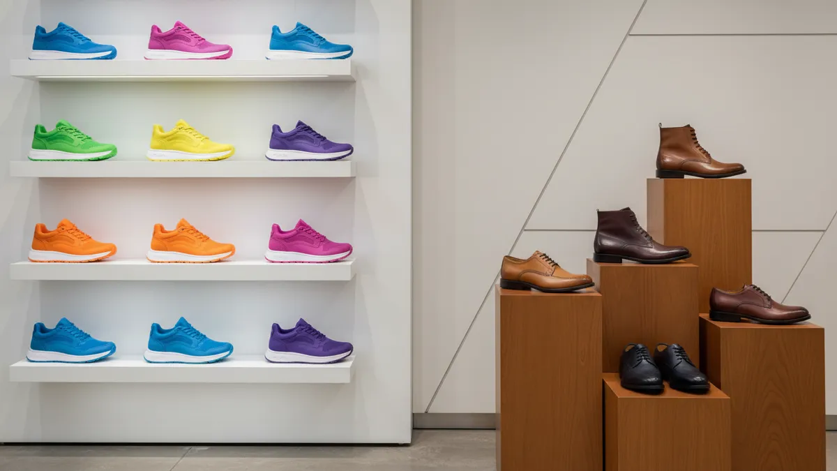 Footwear retail storefront displays featuring athletic sneakers and leather dress shoes, illustrating Genesco Q1 FY2027 earnings results from Journeys and Johnston & Murphy.