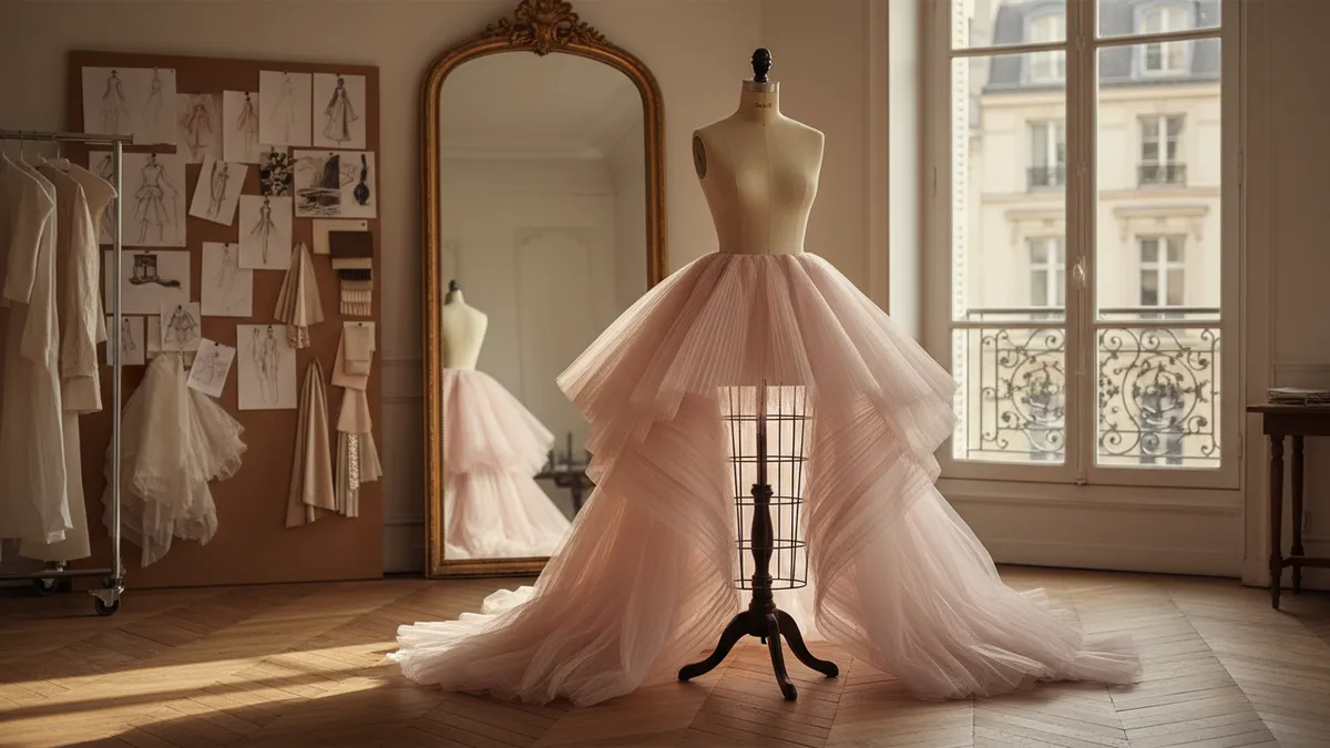 Empty Paris haute couture atelier with a blush tulle gown on a dress form, illustrating the Giambattista Valli brand buyback from Artémis in 2026