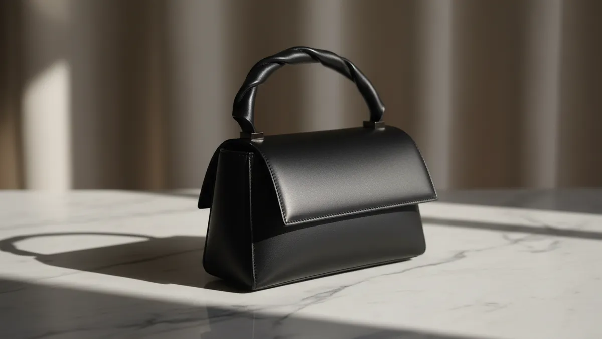 A sculptural black leather luxury handbag on marble representing Givenchy's leather goods category under new Head of Leather Goods Design Marco De Vincenzo in 2026
