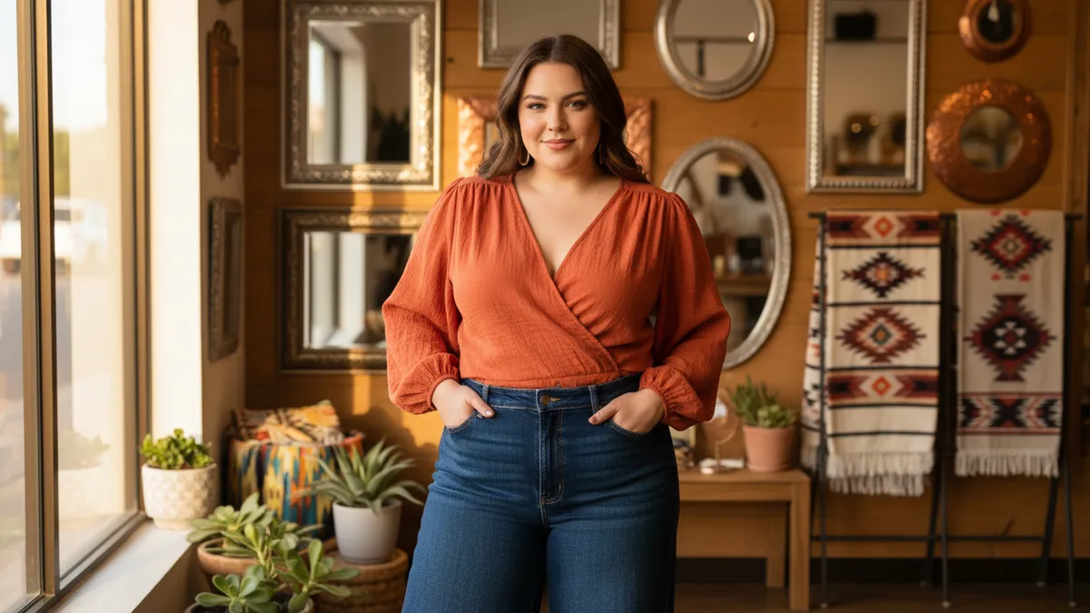 Curvy woman wearing a flattering V-neck wrap top and high-waisted wide-leg jeans demonstrating how to dress for a large bust