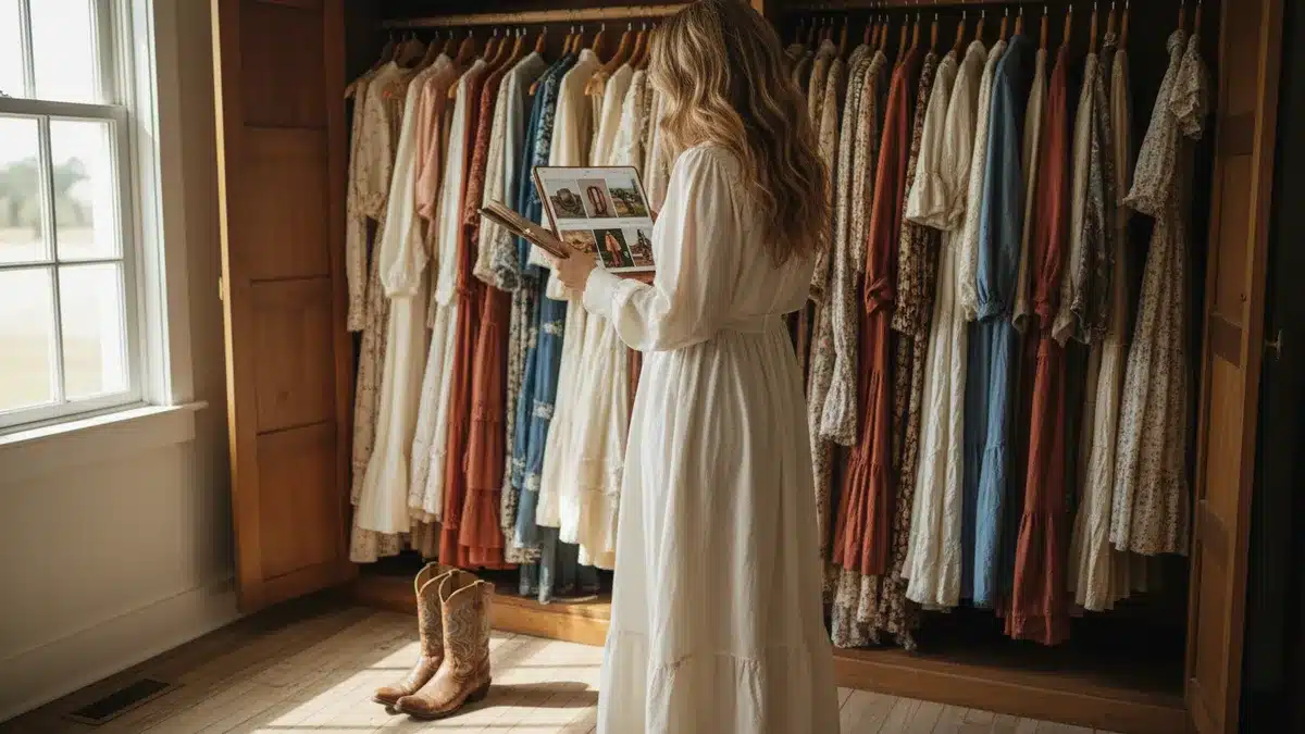 Woman in a white dress stands in front of a rack of colorful dresses, reading a fashion catalog or tablet, with boots on the wooden floor nearby.