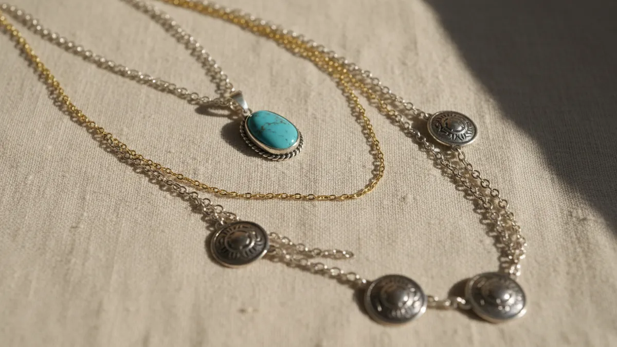 Silver and gold layered necklaces with a turquoise stone pendant on a light fabric background.